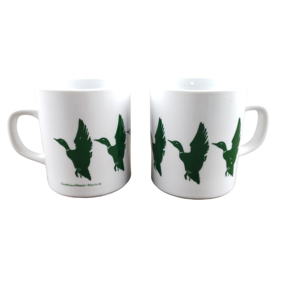 Goudchaux Maison Blanche Green Ducks Coffee Mugs Vintage 1980s Set 2